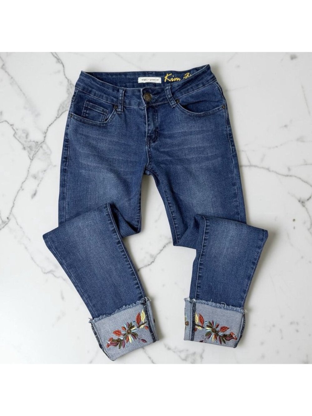 Angel + Premium Kim Fit Jeans Size 4 Embroidered Cuffed Hems Crop Capri Skinny